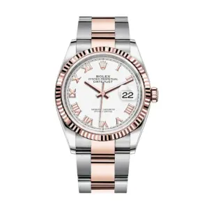 Fake Rolex Replica Watches Datejust 36 Rose Gold/Steel White Roman Dial & Fluted Bezel Oyster Bracelet 126231