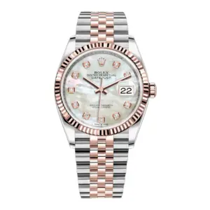 Fake Rolex Replica Watches Datejust 36 Rose Gold/Steel White Mother of Pearl Diamond Dial & Diamond Bezel Jubilee Bracelet 126281RBR