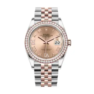 Fake Rolex Replica Watches Datejust 36 Rose Gold/Steel Rose Roman Diamond VIIX Dial & Diamond Bezel Jubilee Bracelet 126281RBR