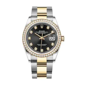 Fake Rolex Replica Watches Datejust 36 Yellow Gold/Steel Bright Black Diamond Dial & Diamond Bezel Oyster Bracelet 126283RBR