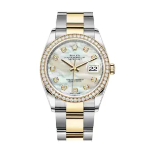 Super Clone Fake Rolex Datejust 36 Yellow Gold/Steel White Mother of Pearl Diamond Dial & Diamond Bezel Oyster Bracelet 126283RBR