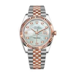 Fake Rolex Replica Watches Datejust 41 Rose Gold/Steel White Mother of Pearl Diamond Dial Fluted Bezel Jubilee Bracelet 126331