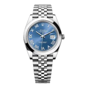 Rolex Datejust 41 Stainless Steel Azzurro Blue Roman Dial Smooth Bezel Jubilee Bracelet 126300