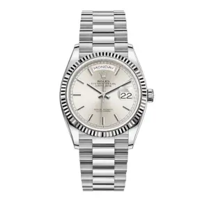 Rolex Day-Date 36mm White Gold Silver Index Dial & Fluted Bezel President Bracelet 128239