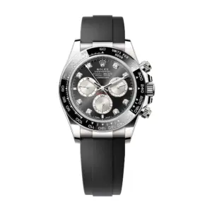 Fake Rolex Replica Watch Daytona White Gold Bright Black Dial Diamond Markers Oysterflex Rubber Bracelet m126519ln-0004
