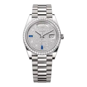 Fake diamond watch Rolex Replica Day-Date 40 President White Gold Diamond Paved Dial with Sapphires M228349RBR-0036